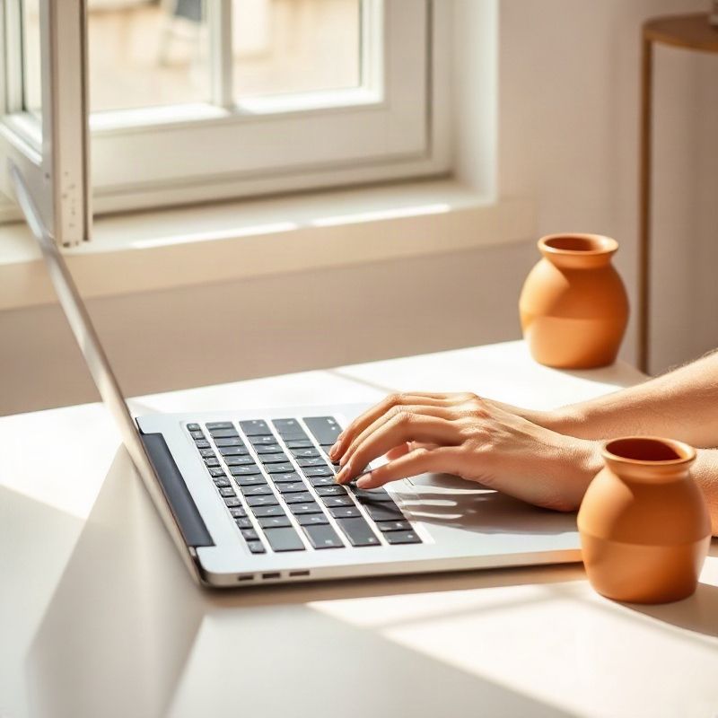 Manos escribiendo en un teclado de laptop sobre un escritorio crema con un portalápices de cerámica terracota al lado