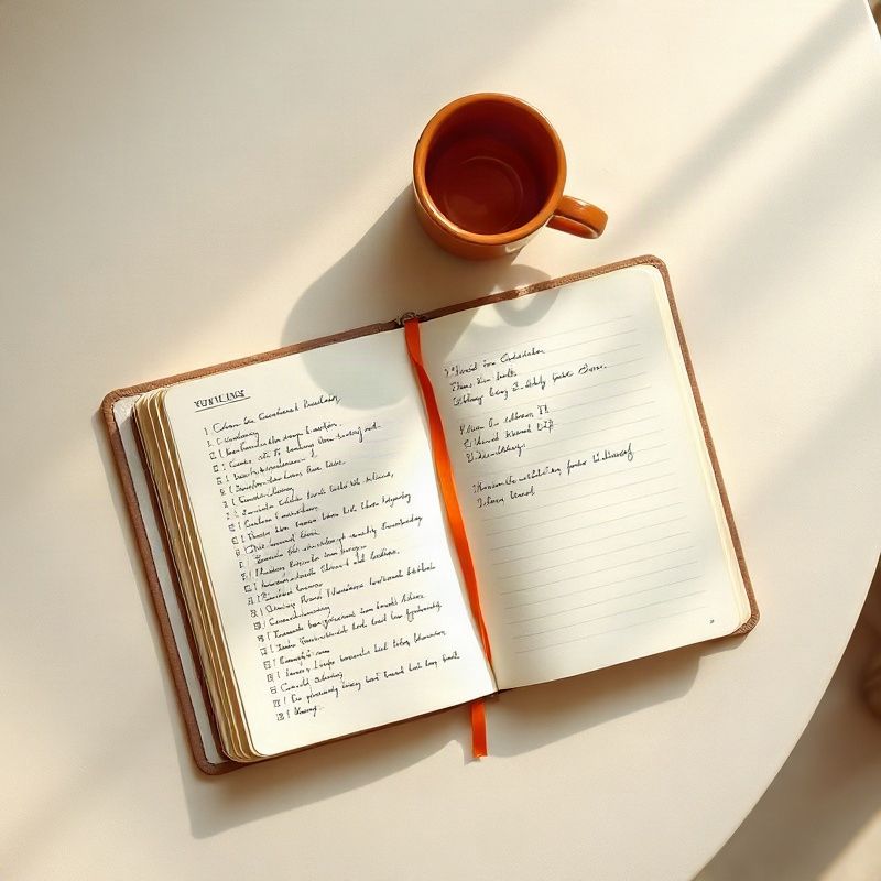 Cuaderno abierto con listas escritas a mano sobre una mesa de madera crema junto a una taza de cerámica terracota